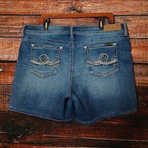 Seven 7 Jean Shorts Size 16 Embroidered Mid Rise Blue Denim Stretch 6" Inseam